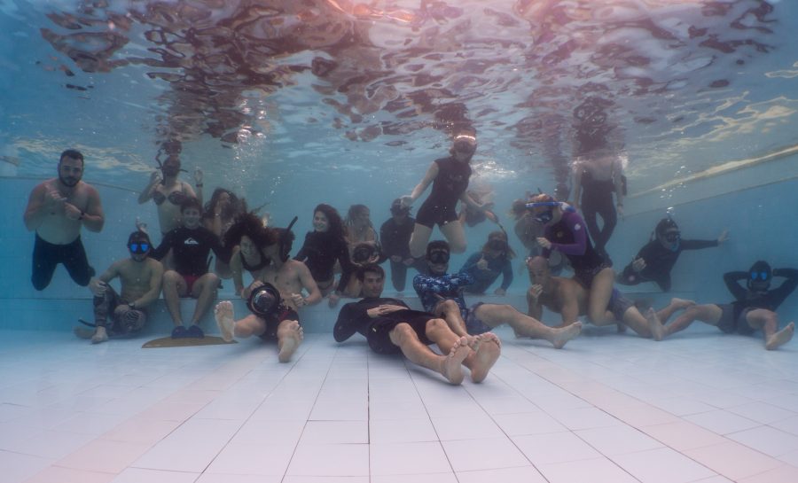 The whole crew after a mass static apnea pool session. Photo by Adam Stern.