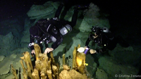 Oscar and I inspecting the stalagmites